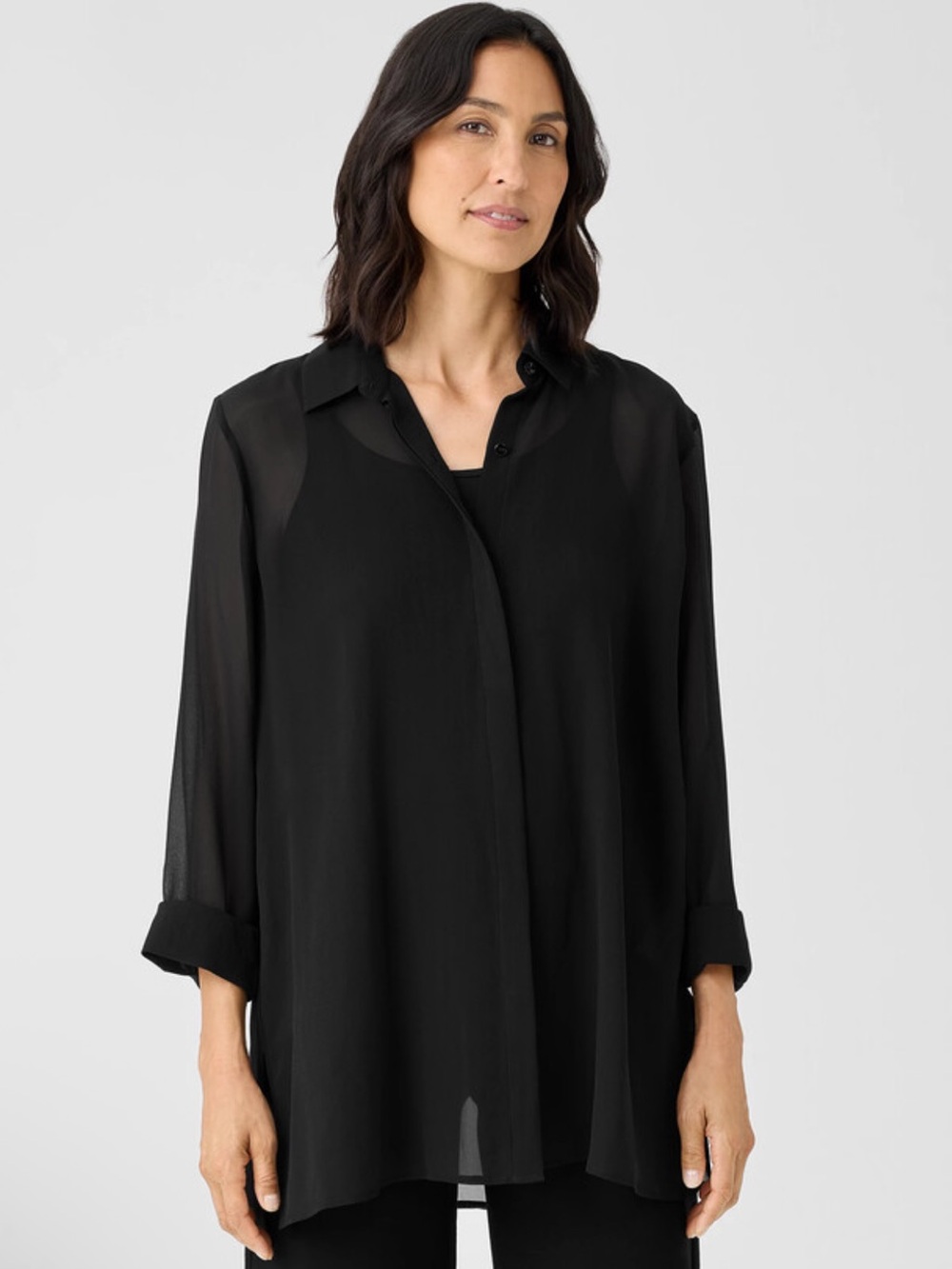 Eileen Fisher Sheer Silk Georgette Classic Collar Shirt